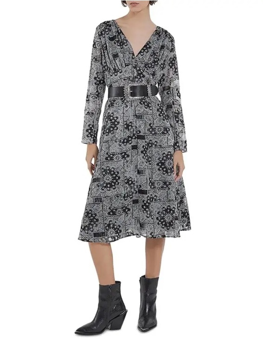 NWT The Kooples Bandana Print V-Neck Midi Dress Black & White Size S (EU 1)